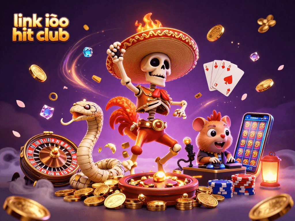 Engage with link vào hit club in a vibrant scene featuring a victorious mariachi rooster and dynamic casino elements.