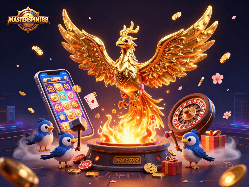 MASTERSPIN188 sparks excitement in gaming with golden phoenix and vibrant casino elements.