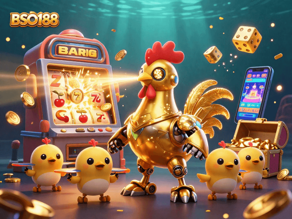 Experience excitement with BSO188 at a vibrant casino-themed 3D illustration bursting with jackpots.