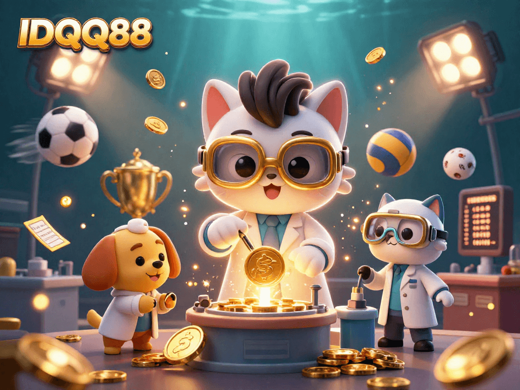 Experience the excitement of IDQQ88 with a lively scene of a mad scientist cat and assistant creating wealth amidst casino elements.