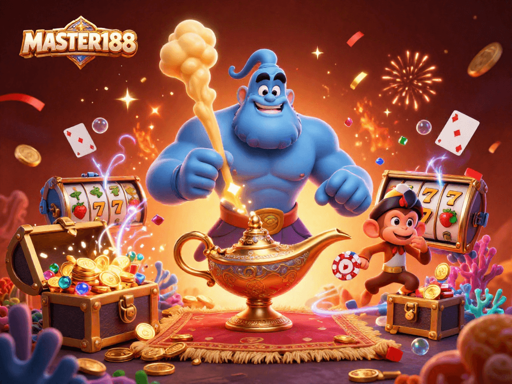 Engage in thrilling gameplay with MASTER188's vibrant casino scene featuring a magical genie and treasure.