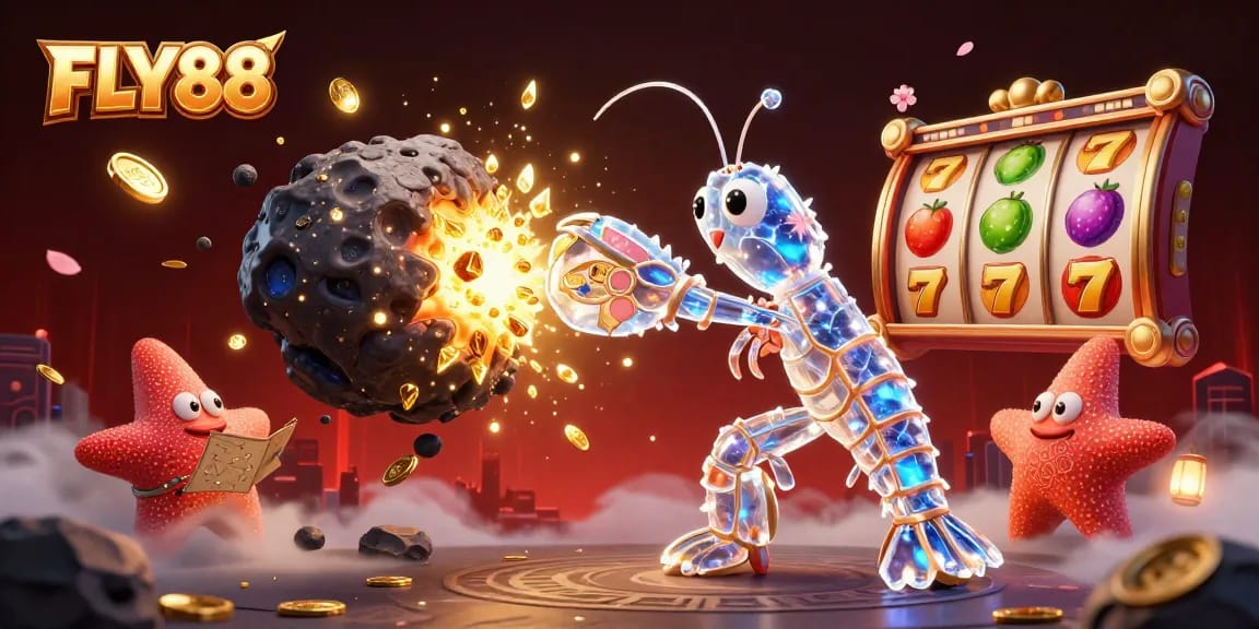FLY88 features epic gameplay with a galactic mantis shrimp and jewel explosions in a colorful casino setting.