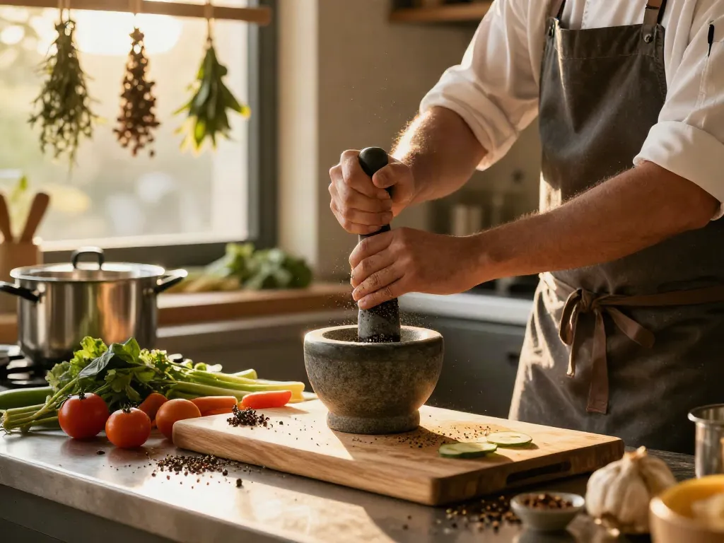 Proses memasak lada hitam pecah25 di dapur modern yang cerah.
