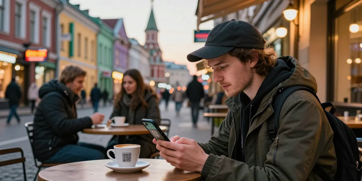 Pengunjung https://payinrussia.com/ memindai kode QR di kafe luar ruangan di Rusia, menunjukkan kemudahan pembayaran yang praktis.